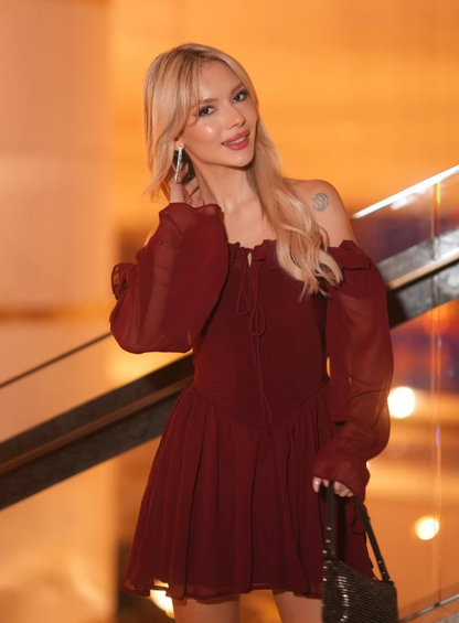Burgundy  A Line Long Sleeve Chiffon Short Homecoming Dress Cocktail Dress SH3591