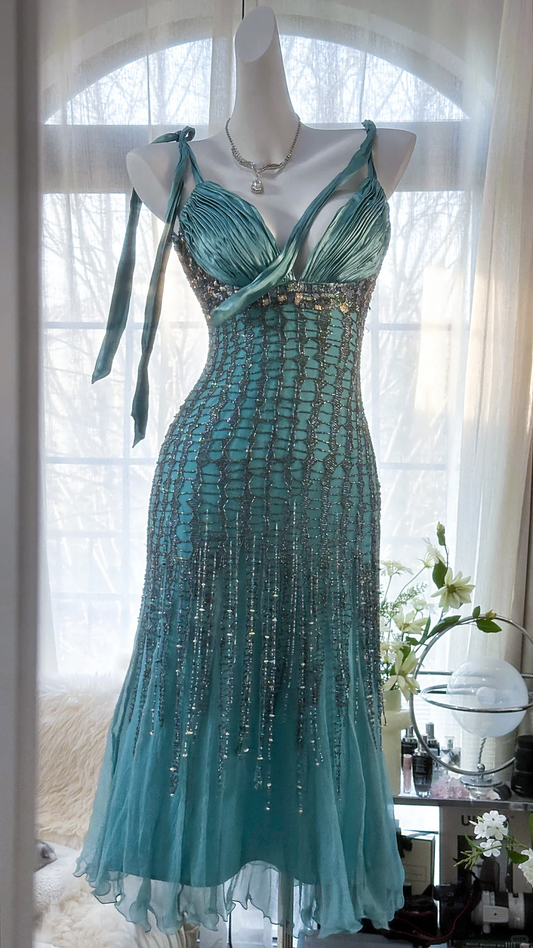 Elegant Blue Sparkling Beaded Spaghetti Strap V-neck Romantic Chiffon Evening Dress Prom Dresses TP3982