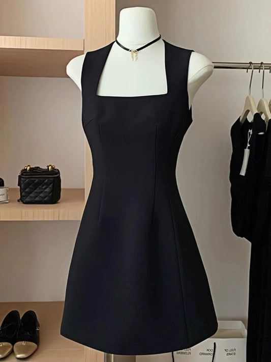 Vestido negro corto sencillo de corte A con escote cuadrado, para fiesta, corto, formal, para regreso a casa, elegante, para cóctel, para cumpleaños número 16, DH2763