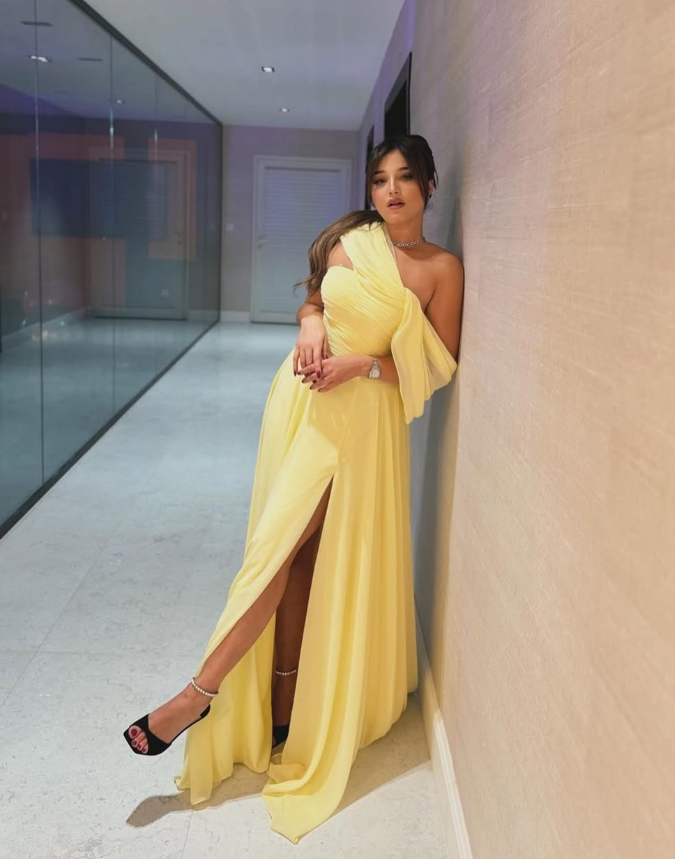Elegant A Line Off the Shoulder Yellow Chiffon Long Prom Dress Birthday Dress with Slit SH2074