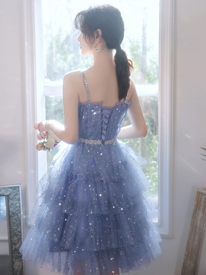 Shiny Short Puffy Blue Prom Dress A-Line Puffy Homecoming Dress SH573