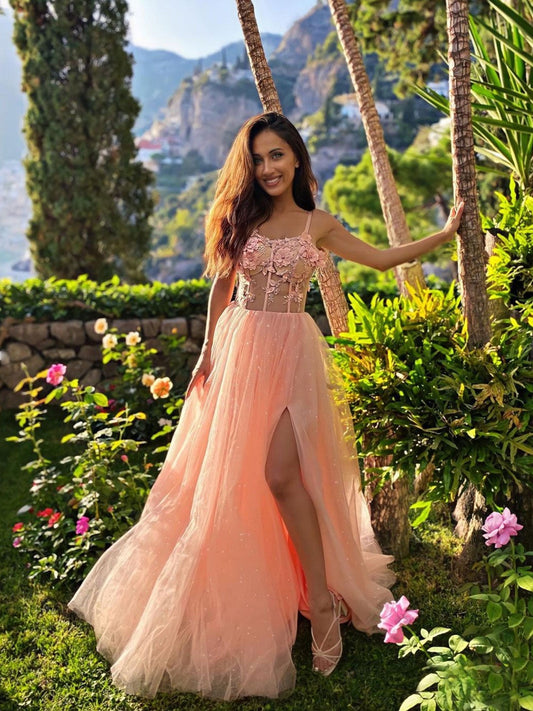Vestido de fiesta largo de encaje de tul rosa, vestido de noche largo de encaje de tul rosa