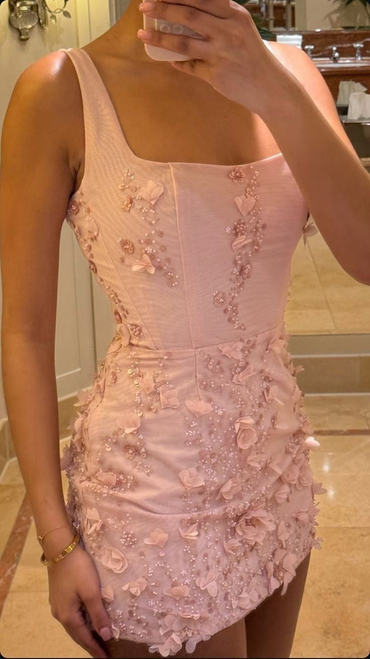 Pink Square Neck Sexy Short Party Dress Homecoming Dress     cg25668