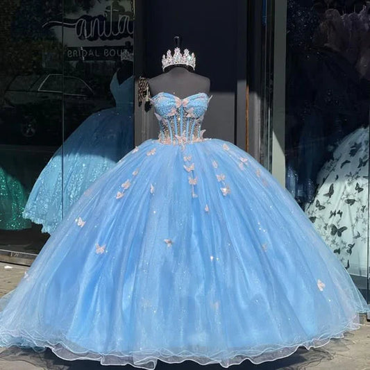 Vestido de quinceañera azul con apliques de corazón, corte A, para fiesta de graduación, cumpleaños, noche, baile, TP4524