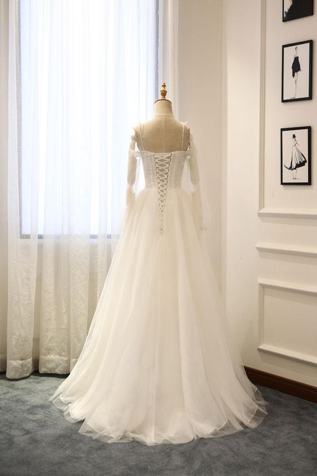 Vestido de fiesta largo de tul blanco sencillo, vestido de dama de honor de tul blanco.