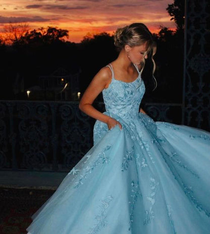 Gorgeous Lace A-Line Spaghetti Straps Backless Long Prom Dresses     cg25074