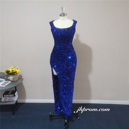 Vestido de noche largo azul real brillante con abertura alta y lentejuelas para bodas, graduaciones y fiestas.