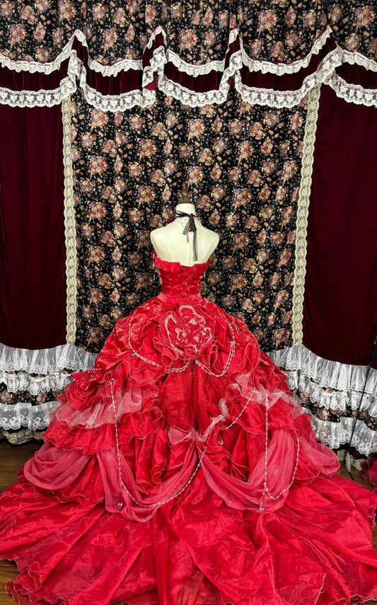 Vestido de noche vintage rojo con escote en forma de corazón, lentejuelas, sin tirantes, corte A, con flores 3D, TP3786