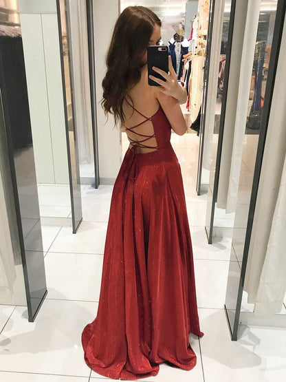 Vestido de fiesta largo sencillo con escote en V y corte A, vestido de noche color burdeos