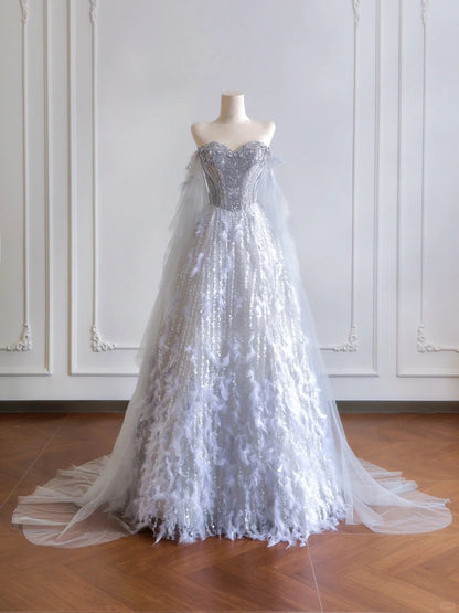 shopuniqlos--Gray purple gorgeous feather tulle and diamond exquisite beading long tulle prom dress wedding dress gh5486