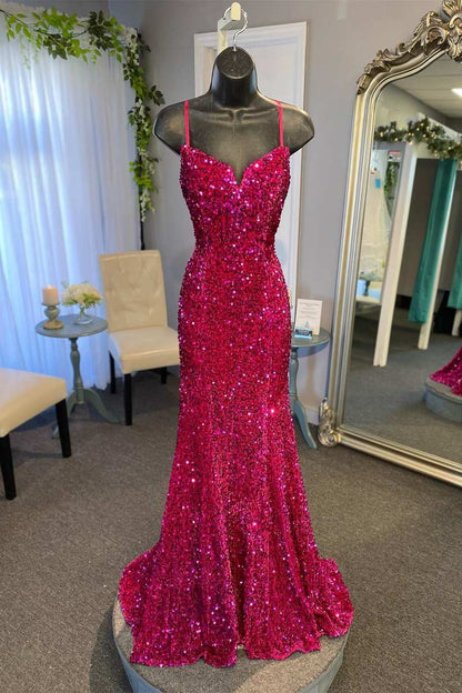 Vestido de fiesta largo de sirena con escote en V color magenta, vestidos de fiesta con lentejuelas azul rey