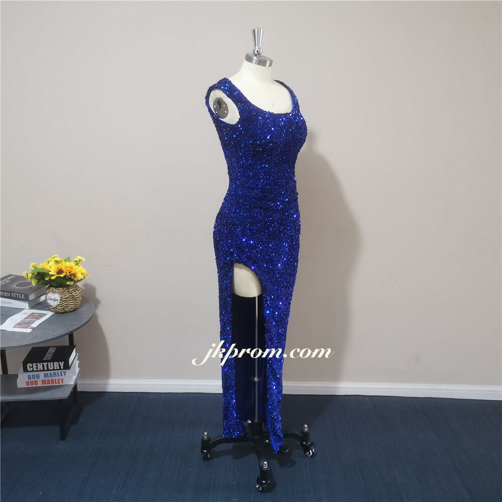 Vestido de noche largo azul real brillante con abertura alta y lentejuelas para bodas, graduaciones y fiestas.