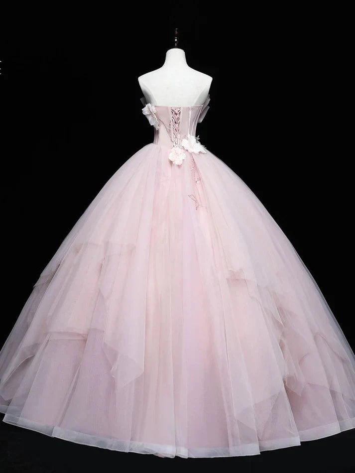 Vestido de quinceañera sencillo, sin tirantes, con apliques rosas, corte A, de tul, largo hasta el suelo, para fiesta de graduación, cumpleaños, noche, baile, TP4405