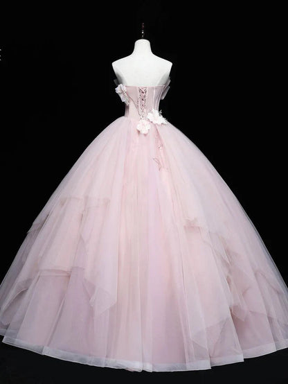 Vestido de quinceañera sencillo, sin tirantes, con apliques rosas, corte A, de tul, largo hasta el suelo, para fiesta de graduación, cumpleaños, noche, baile, TP4405