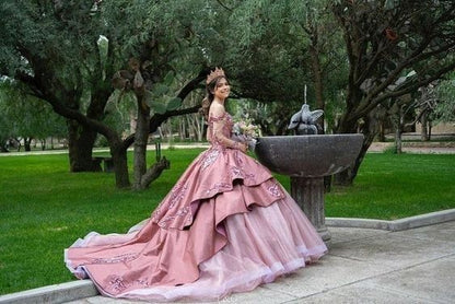 Elegante vestido de quinceañera con bordado rosa y hombros descubiertos, corte A, para fiesta de cumpleaños, noche, baile, TP4520