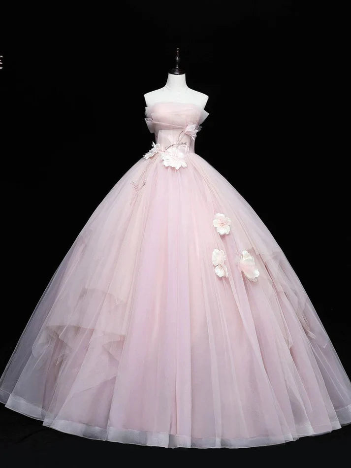 Vestido de quinceañera sencillo, sin tirantes, con apliques rosas, corte A, de tul, largo hasta el suelo, para fiesta de graduación, cumpleaños, noche, baile, TP4405