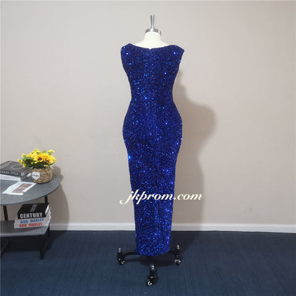 Vestido de noche largo azul real brillante con abertura alta y lentejuelas para bodas, graduaciones y fiestas.