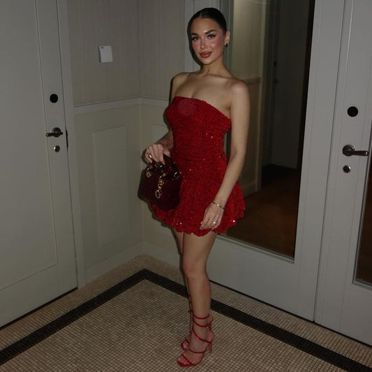 A Line Red Sequin Birthday Outfit Short Evening Dress Short Party Dress Homecoming Dress  fg8053
