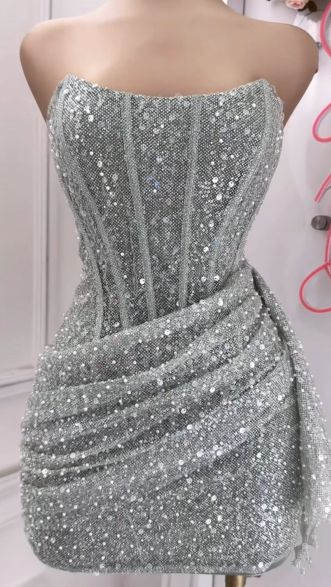 Pink Strapless Sequins Party Dress Mini Homecoming Dress Birthday Outfits