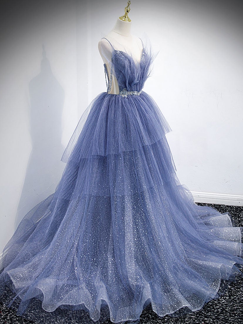 Vestido de fiesta largo de tul con lentejuelas y escote en V azul, vestido de noche azul