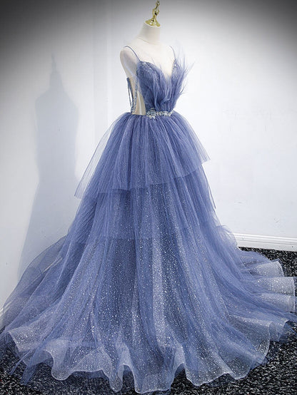 Vestido de fiesta largo de tul con lentejuelas y escote en V azul, vestido de noche azul
