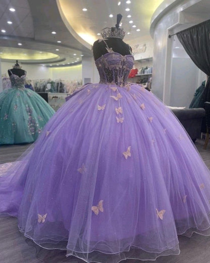 Purple Tulle Ball Gown With Butterflies,Sweet 16 Dress,Purple Princess Dress     cg25047