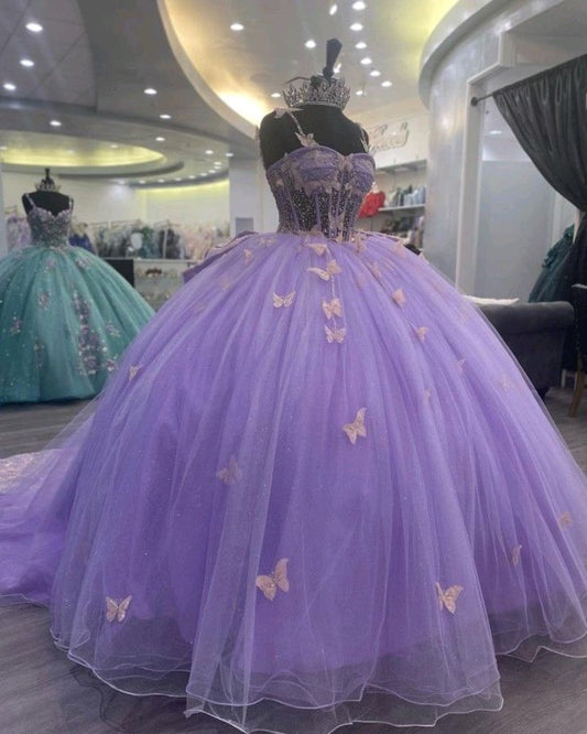 Purple Tulle Ball Gown With Butterflies,Sweet 16 Dress,Purple Princess Dress     cg25047