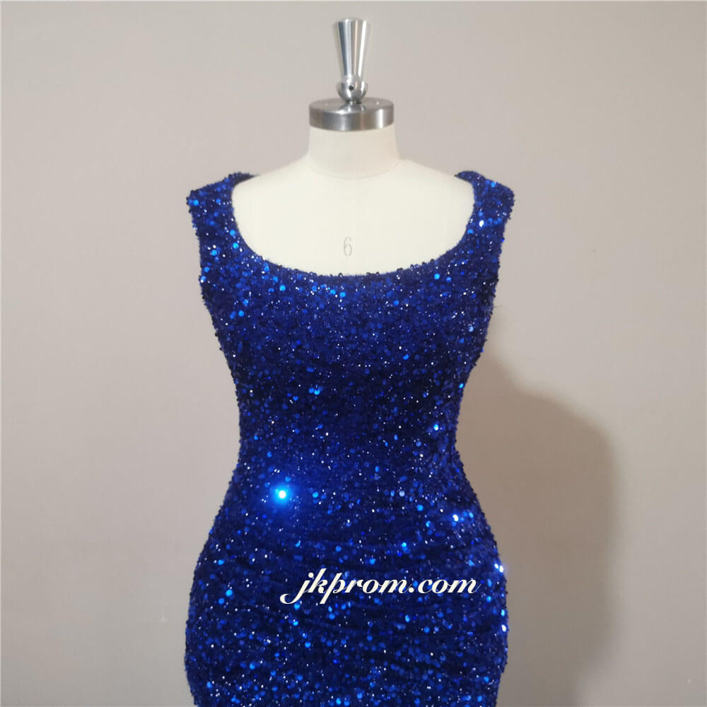 Vestido de noche largo azul real brillante con abertura alta y lentejuelas para bodas, graduaciones y fiestas.