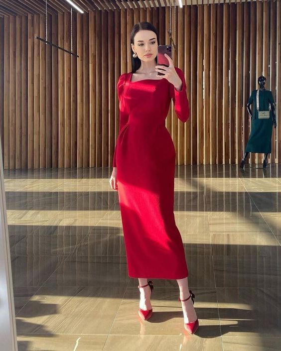 Vestidos de fiesta rojos de moda para dama, vestido de fiesta largo hasta la rodilla
