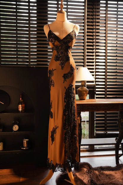Sexy V Neck Lace Vintage Evening Dresses, Sleeveless Long Party Gowns  cg25505