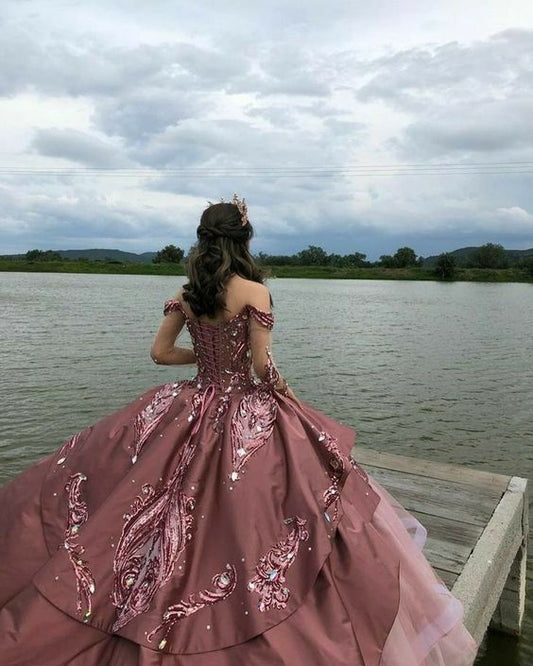 Elegante vestido de quinceañera con bordado rosa y hombros descubiertos, corte A, para fiesta de cumpleaños, noche, baile, TP4520