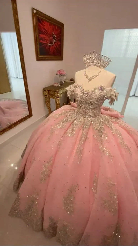 Elegante vestido de quinceañera rosa con escote en forma de corazón y apliques de cuentas, largo hasta el suelo, para fiesta de graduación, cumpleaños, noche, baile, TP4417