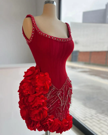 Stunning Sheath Straps Beaded Red Satin Tulle Short Homecoming Dress Cocktail Dress SH3195