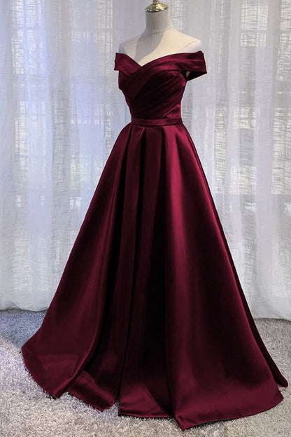 Vestido de fiesta largo de satén morado con hombros descubiertos, corte A, sencillo, para mujer.