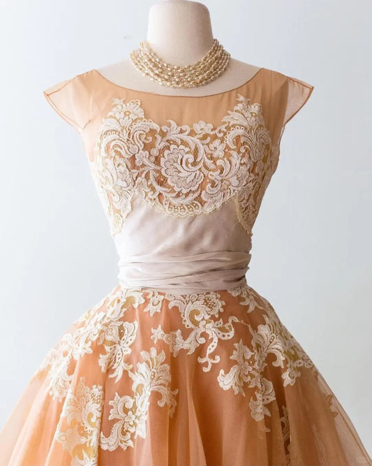 A Line Lace Champagne Vintage Homecoming Dresses Short Prom Dress Short Party Dress    cg25922