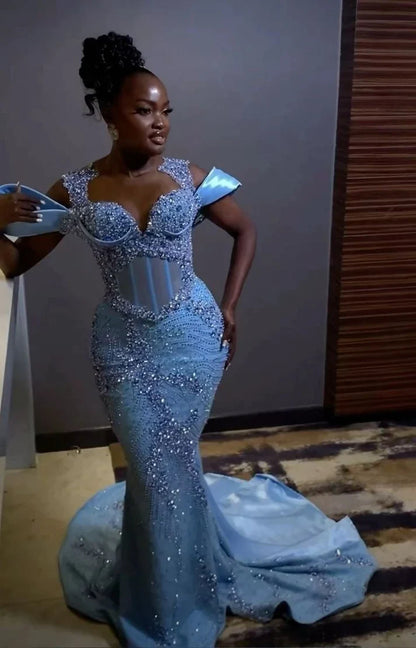 Hermoso vestido de fiesta azul cielo con cuentas, largo escote corazón, vestido de noche formal estilo sirena TP4581