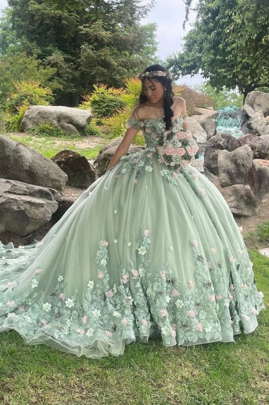 Elegante vestido de quinceañera verde salvia con apliques y hombros descubiertos, corte en A, largo hasta el suelo, para fiesta de graduación, cumpleaños, noche, baile, TP4533