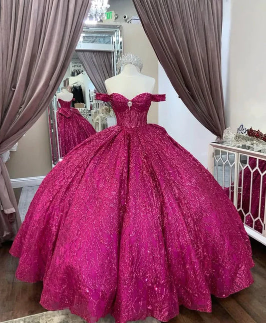 Elegante vestido de quinceañera rosa intenso con lentejuelas y hombros descubiertos, corte en A, de tul hasta el suelo, para fiesta de graduación, cumpleaños, noche, baile, TP4541