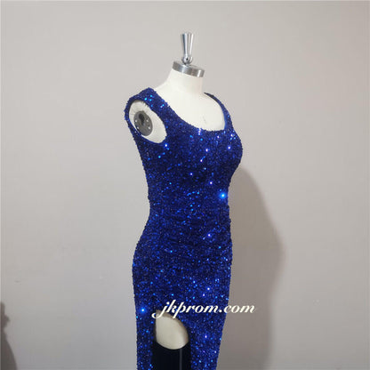 Vestido de noche largo azul real brillante con abertura alta y lentejuelas para bodas, graduaciones y fiestas.