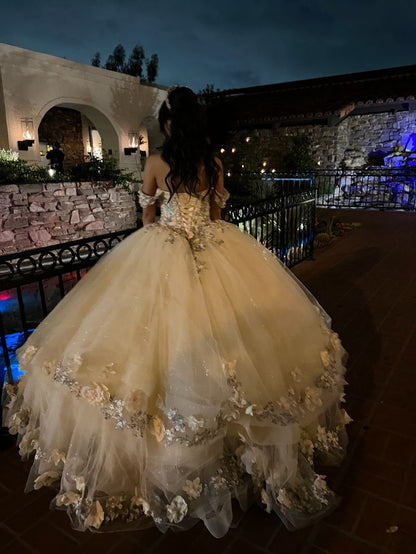 Champagne Quince Dress with Flowers Sweet 16 Dresses Off the Shoulder Ball Gown    fg8019
