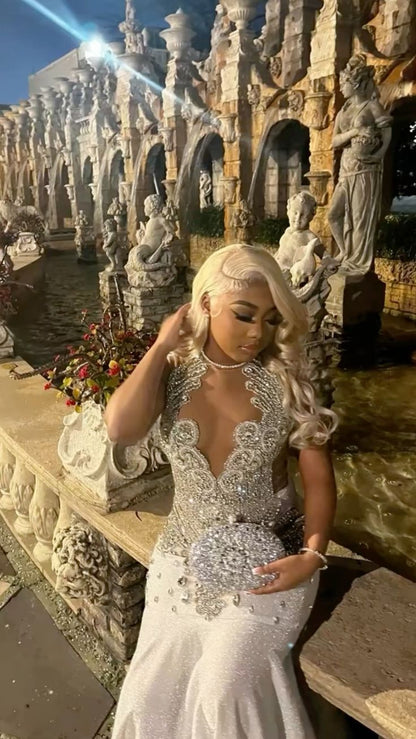 Vestido de fiesta largo de sirena con cristales plateados para ocasiones especiales