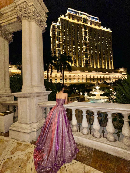 A Line Vintage Strapless Purple Shinny Long Prom Party Dresses Unique Evening Dress   cg26066