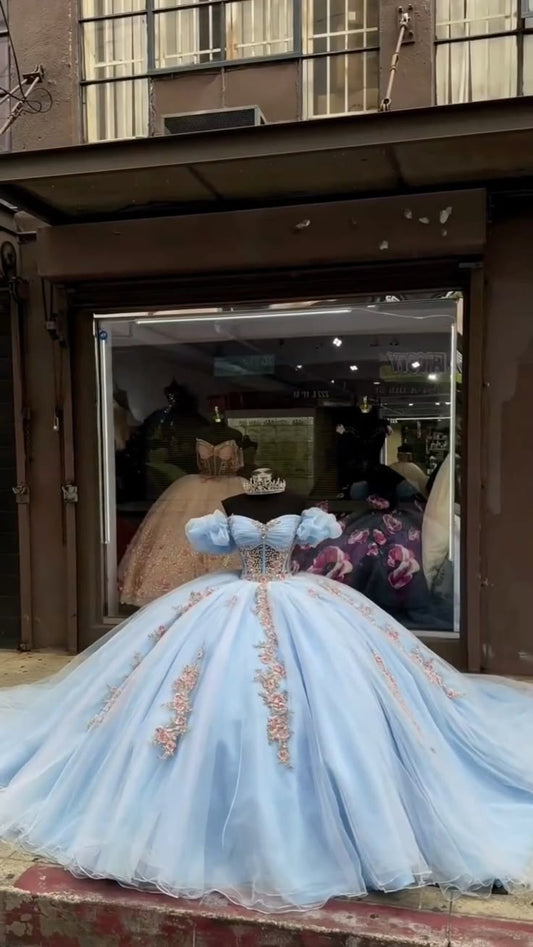 Elegant Ball Gown Off Shoulder Long Appliques Tulle Princess Gown Quinceanera Dress for Sweet 16    cg25665