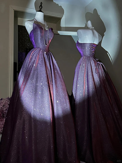 A Line Vintage Strapless Purple Shinny Long Prom Party Dresses Unique Evening Dress   cg26066