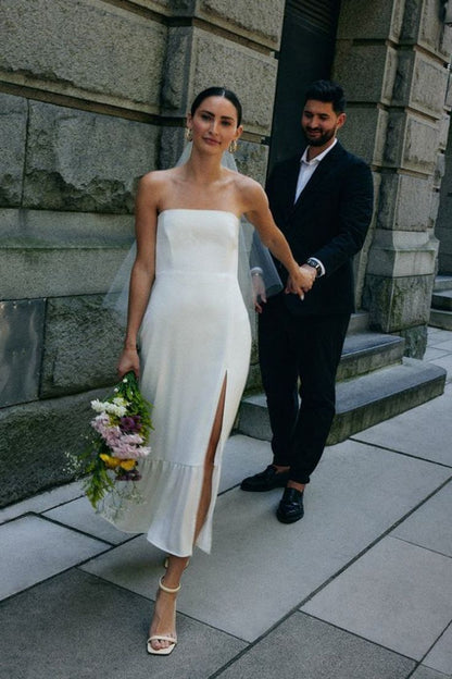 Simple Strapless Sleeveless Satin Sheath Midi Wedding Dress With Slit    fg6333