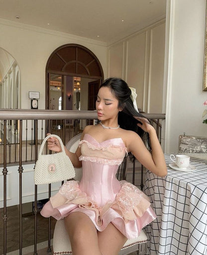 Pink Short Prom Dress with Lace Sweetheart Mini Birthday Party Dress     cg26078