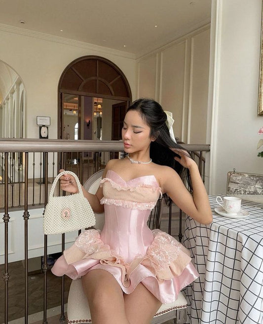 Pink Short Prom Dress with Lace Sweetheart Mini Birthday Party Dress     cg26078