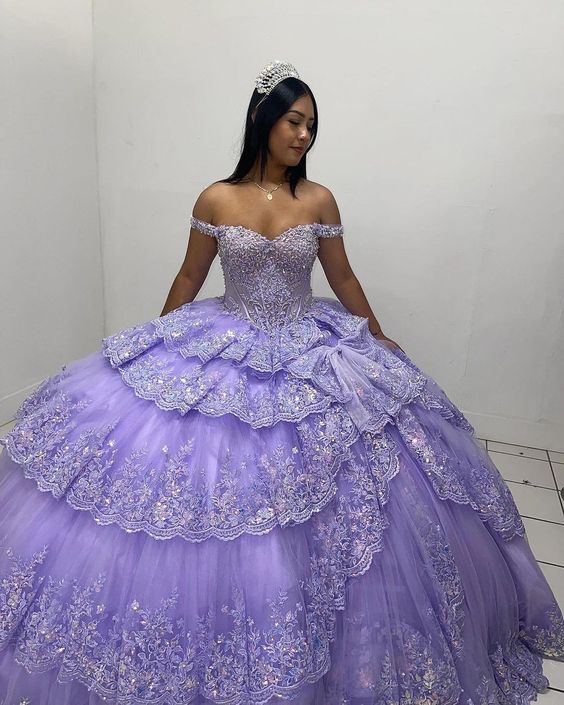 Lavender Off Shoulder Ball Gown Quinceanera Dress with Classic Applique Lace and Crystal Sweet 16 Design     cg25186