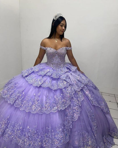Lavender Off Shoulder Ball Gown Quinceanera Dress with Classic Applique Lace and Crystal Sweet 16 Design     cg25186