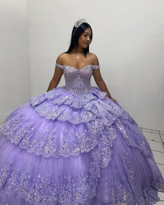 Lavender Off Shoulder Ball Gown Quinceanera Dress with Classic Applique Lace and Crystal Sweet 16 Design     cg25186